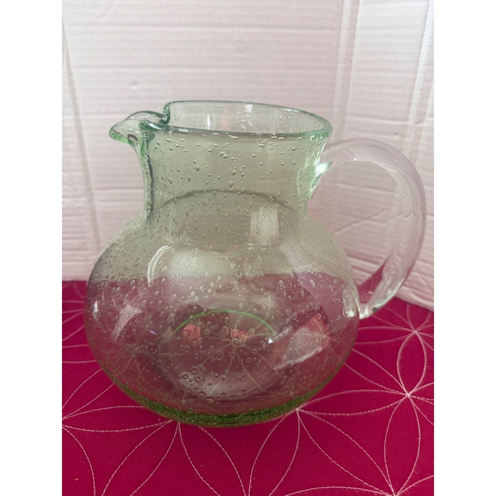 Vtg Hand Blown Light Green Seeded Bubble Glass Pitcher Round Belly Water Carafe - Picture 3 of 6
